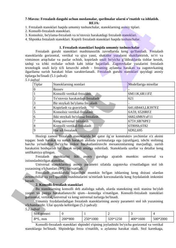 Frezalash stanoklari haqida umumiy tushunchalar