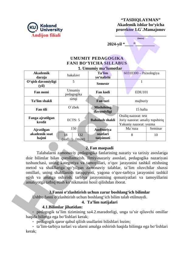 Umumiy pedagogika fani bo‘yicha sillabus