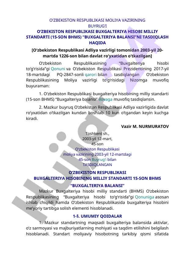O‘zbekiston respublikasi buxgalteriya hisobi standarti