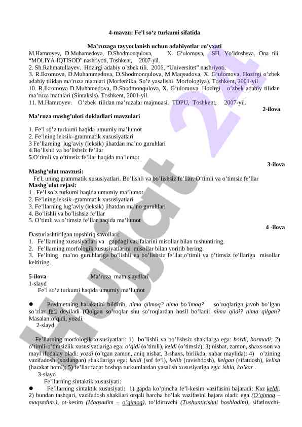 Fe’l so'z turkumi va adabiyotlar ro’yxati