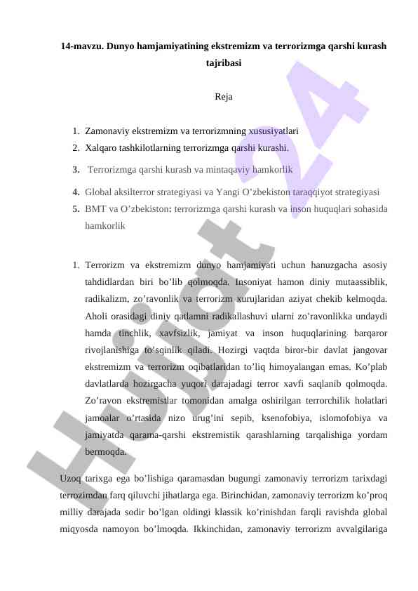 Dunyo hamjamiyatining ekstremizmga qarshi kurashi
