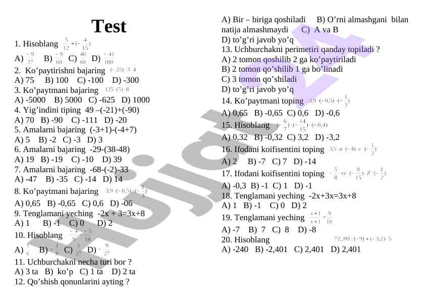 Matematik hisoblash testi savollari