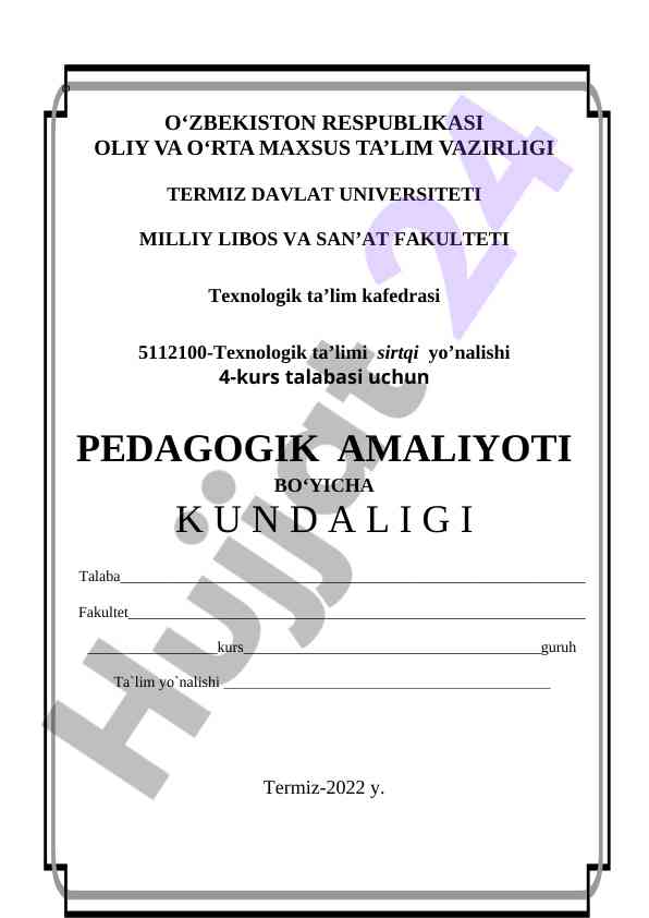 Pedagogik amaliyot kundaligi 4-kurs talabalari uchun