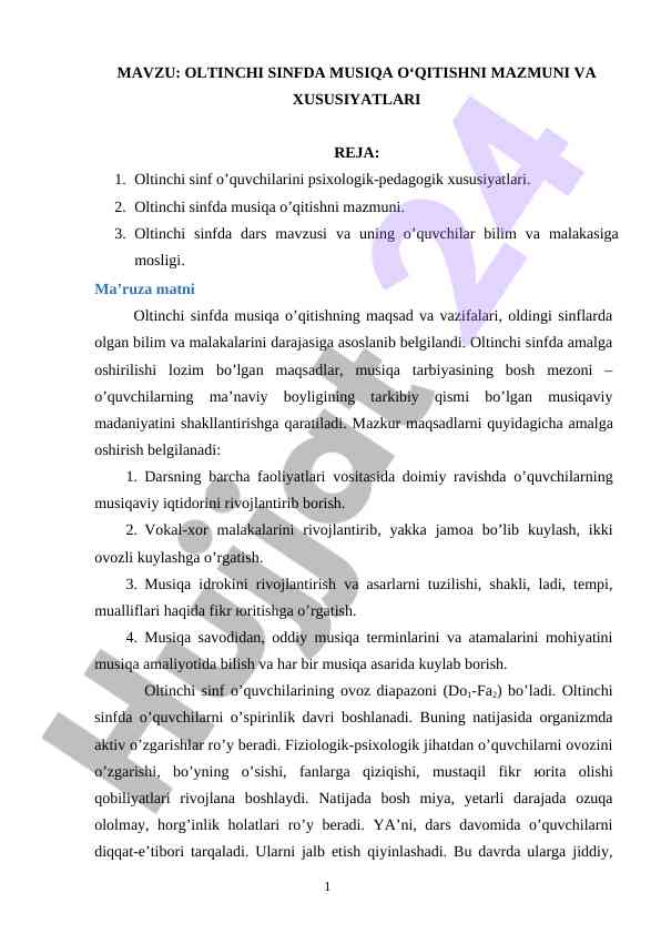 Oltinchi sinfda musiqa o'qitish xususiyatlari