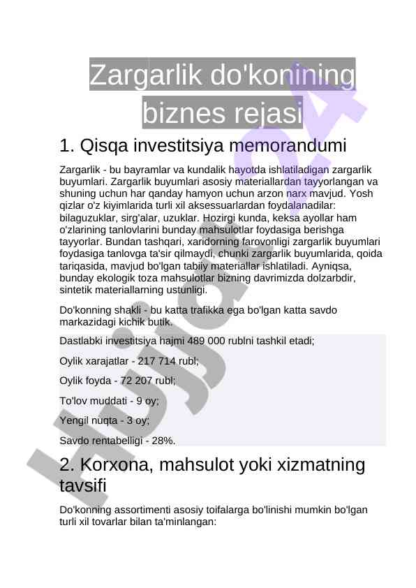 Zargarlik do'konining biznes rejasi va investitsiya