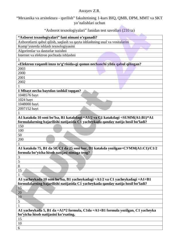 Axborot texnologiyalari test savollari