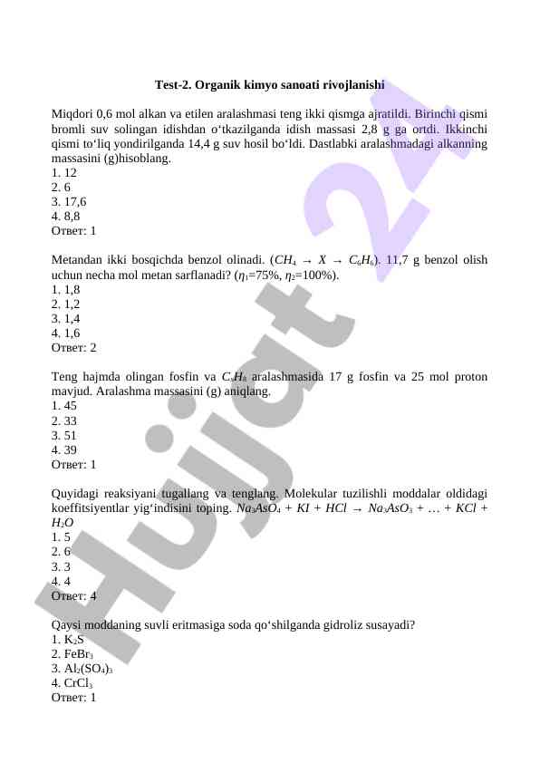 Organik kimyo sanoati rivojlanishi testi
