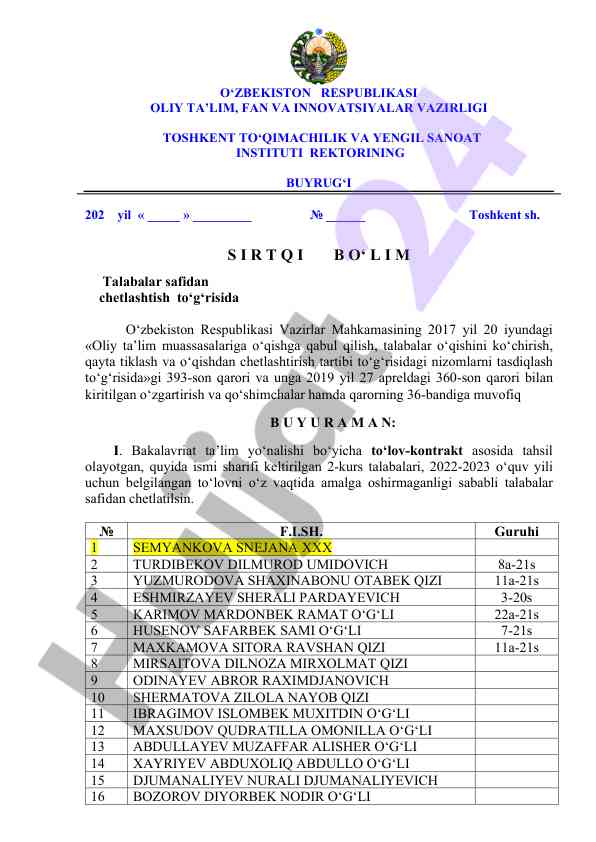 Talabalar chetlashtirish tartibi haqida ma’lumotlar