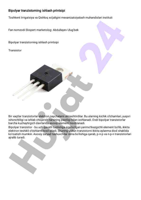 Bipolyar tranzistorning ishlash printsipi