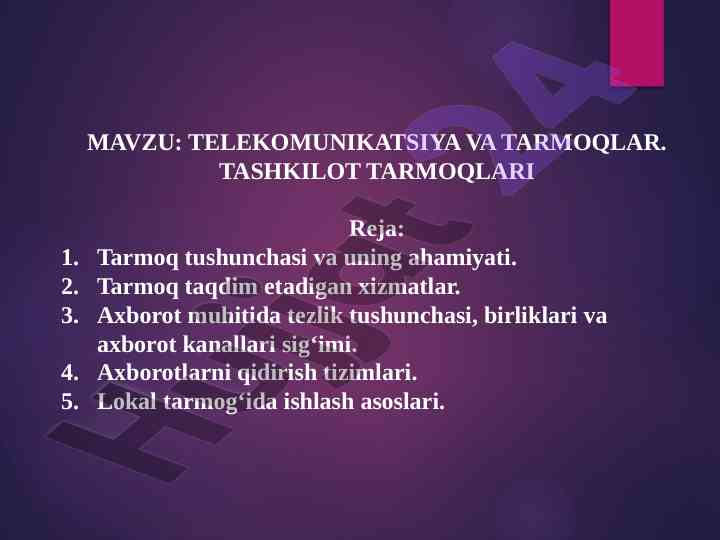 Telekommunikatsiya va tarmoqlar dars ishlanmalari