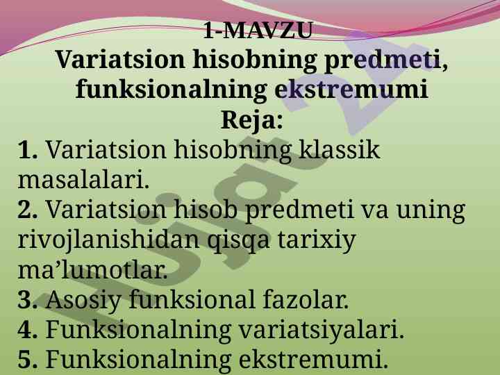 Variatsion hisobning asosiy masalalari va tarixi