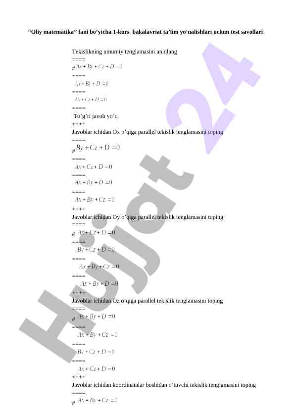 Oliy matematika fani bo‘yicha test savollari