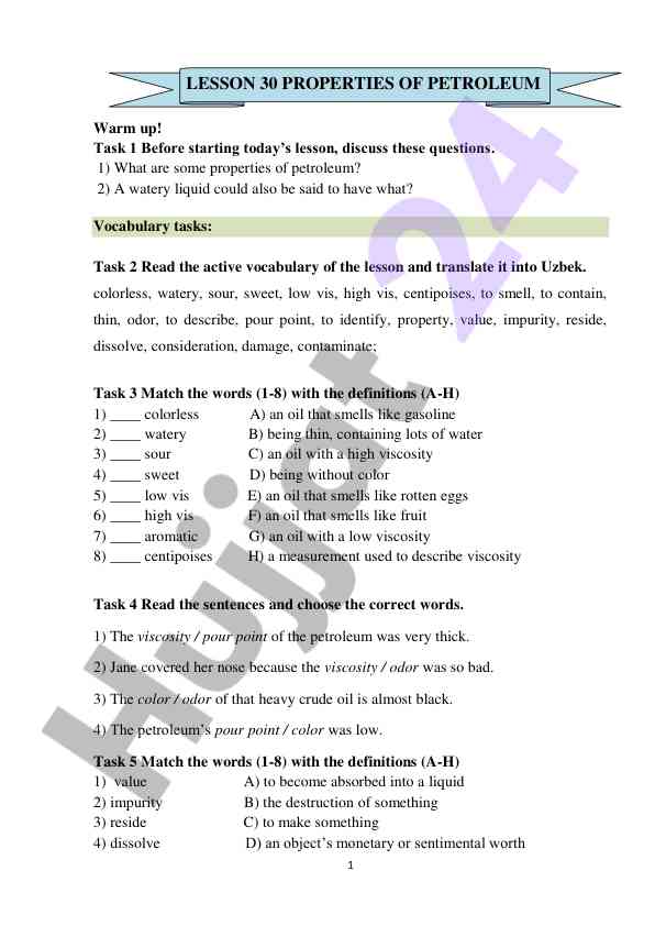 Petroleum properties and vocabulary exercises