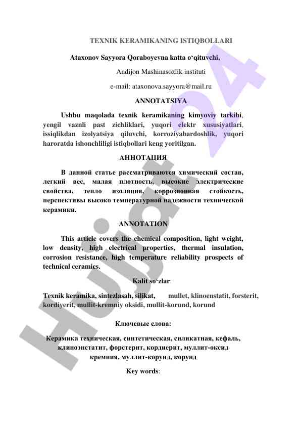 Texnik keramikaning istiqbollari va xususiyatlari