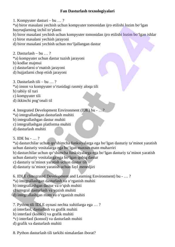 Dasturlash texnologiyalari bo‘yicha test savollari