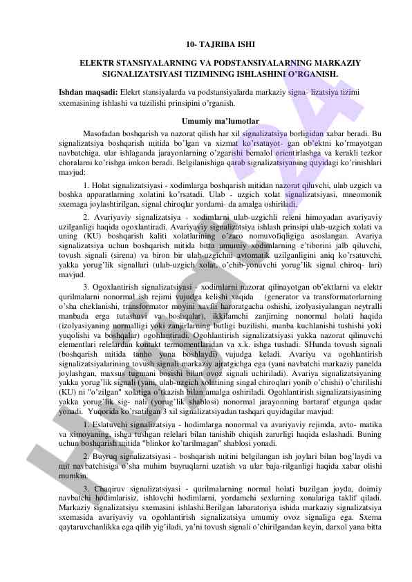 Markaziy signalizatsiya tizimining ishlashini o‘rganish