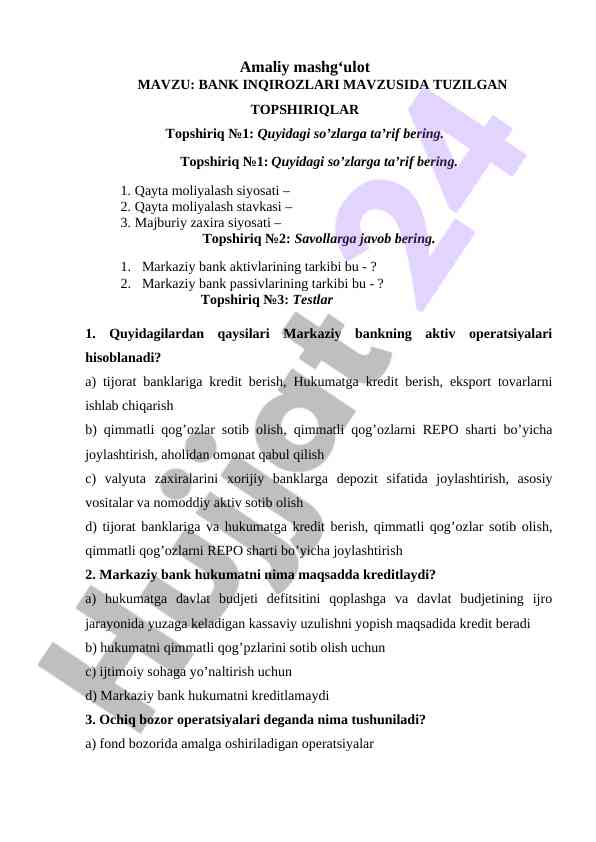 Bank inqirozlari mavzusida topshiriqlar