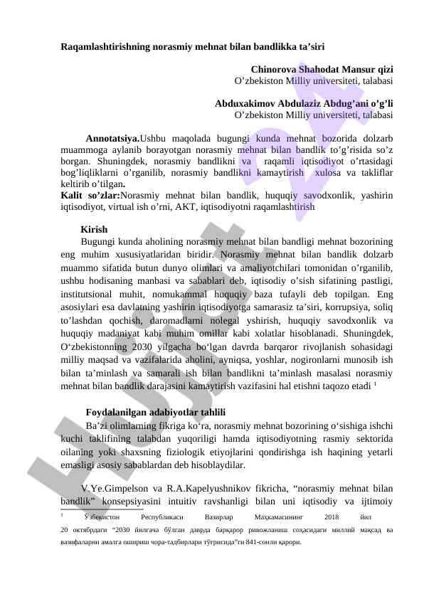 Norasmiy mehnat bilan bandlik raqamlashtirish ta’siri