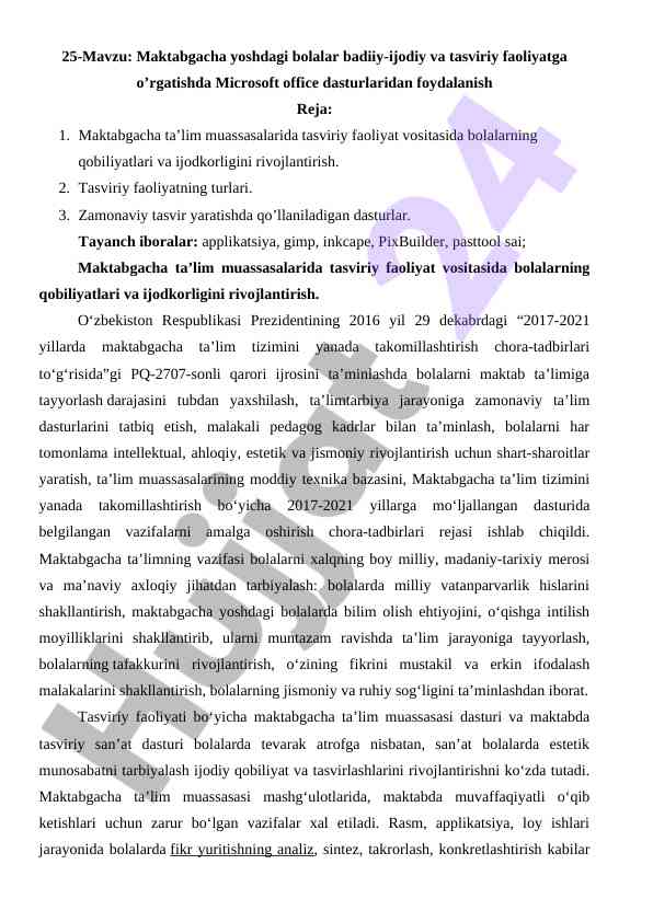 Microsoft office dasturlari bilan tasviriy faoliyat
