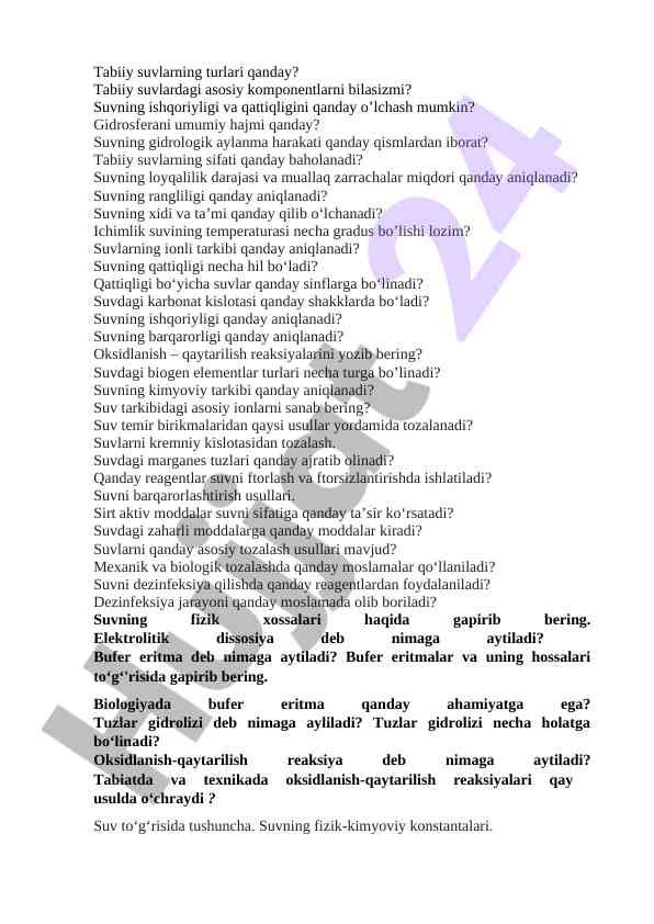 Tabiiy suvlarning turlari va asosiy komponentlari