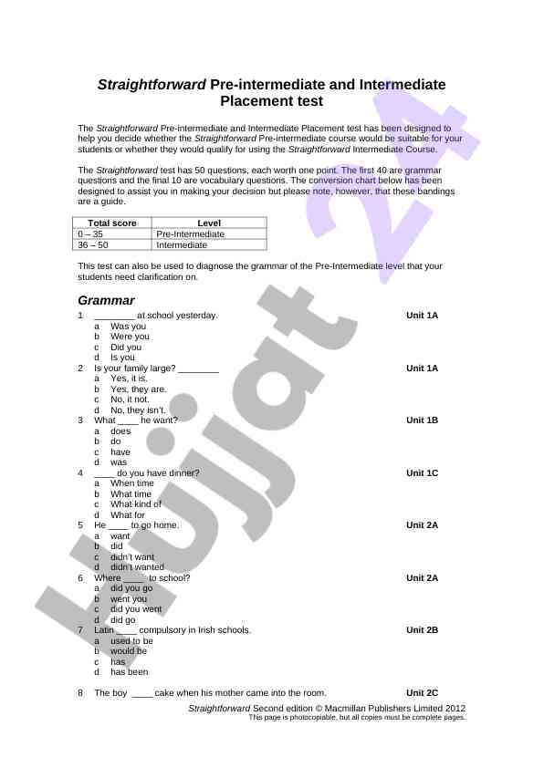 Straightforward pre-intermediate placement test guide