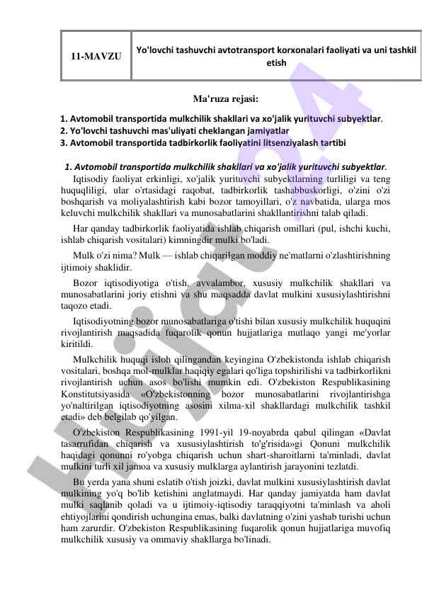 Yo'lovchi tashuvchi avtotransport korxonalari faoliyati