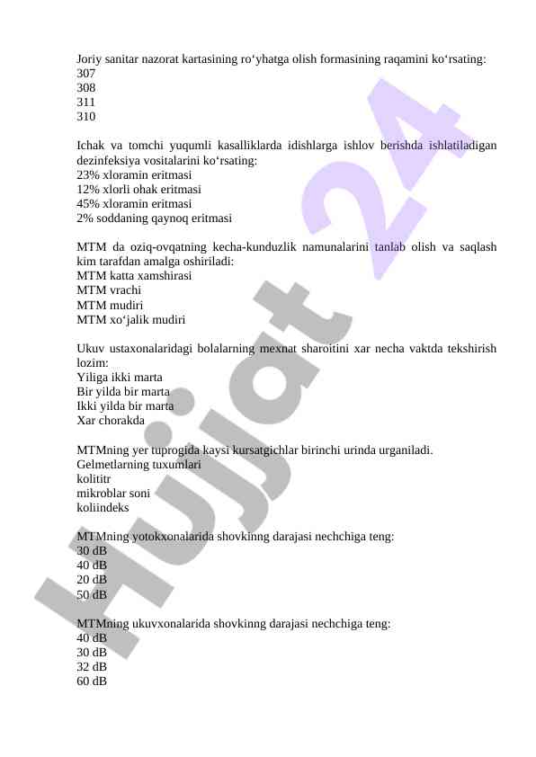 Sanitar nazorat kartasi bo'yicha test savollari