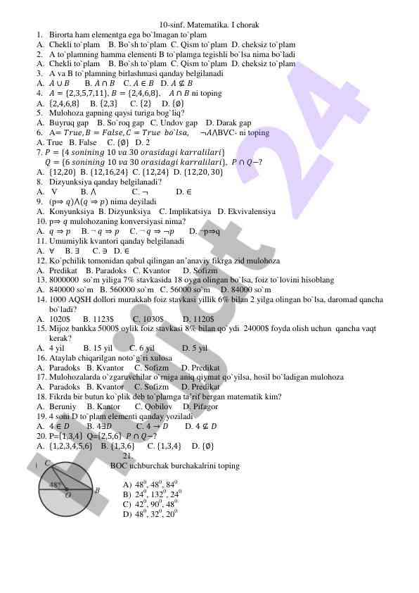 Matematika testlari 10-sinf i chorak