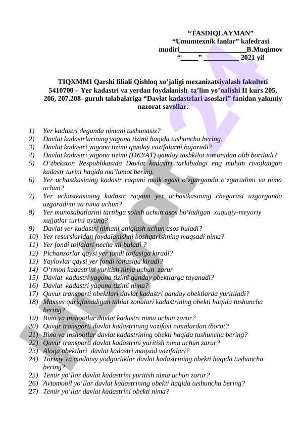 Davlat kadastrlari asoslari bо‘yicha yakuniy nazorat savollari