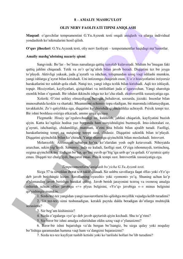 Tempramentni aniqlash bo‘yicha amaliy mashg‘ulot