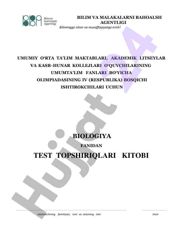 Biologiya fanidan test topshiriqlari kitobi