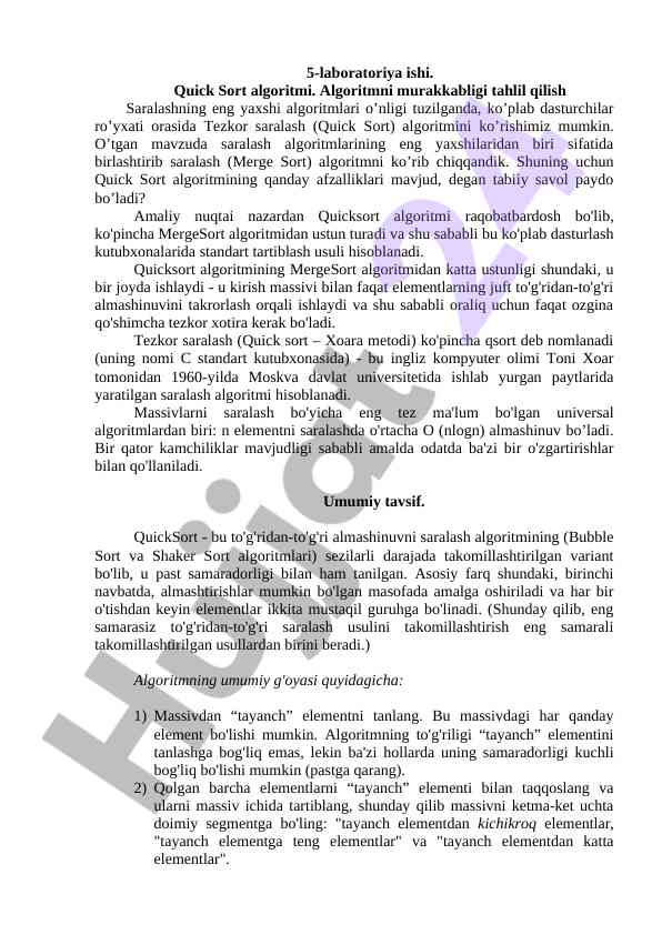 Quick sort algoritmi tahlili va amaliy qo'llanilishi