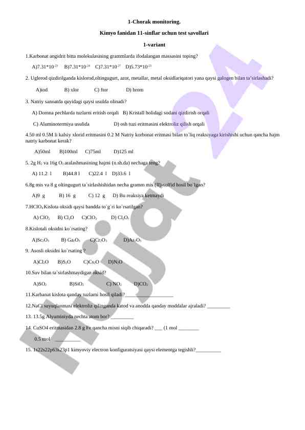 Kimyo fanidan 11-sinflar uchun test savollari