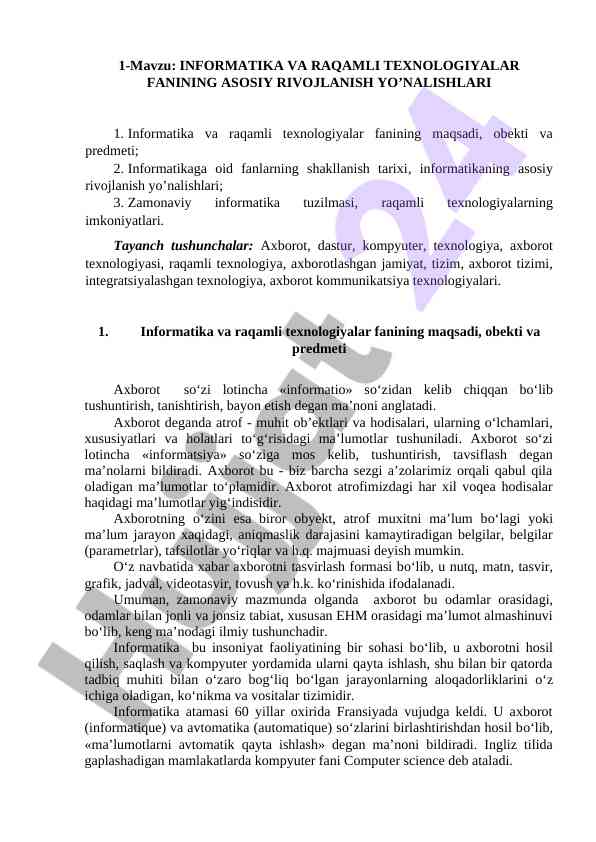 Asosiy rivojlanish yo'nalishlari informatika fanida