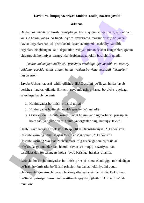Davlat va huquq nazariyasi oraliq nazorat javobi