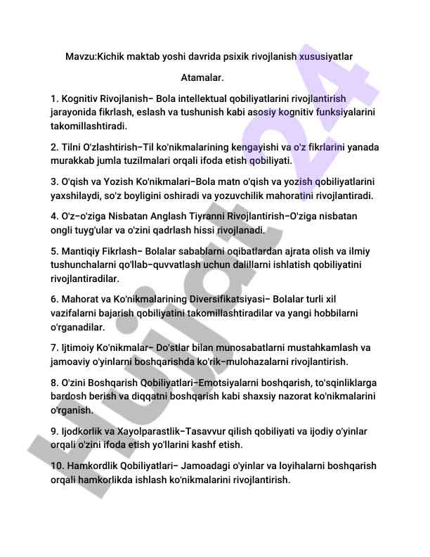 Kichik maktab yoshlari psixik rivojlanish xususiyatlari