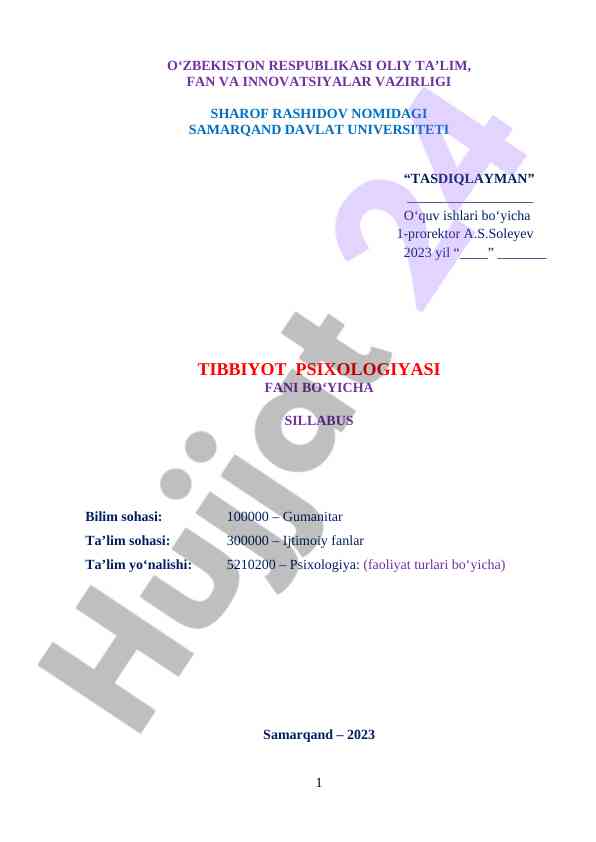 Tibbiyot psixologiyasi fani bo‘yicha sillabus