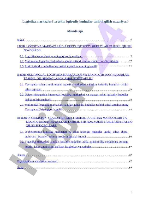 Logistika Markazlari Va Erkin Iqtisodiy Hududlar