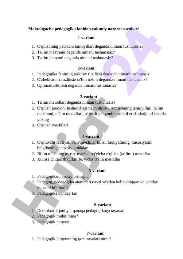 Maktabgacha pedagogika fanidan nazorat savollari