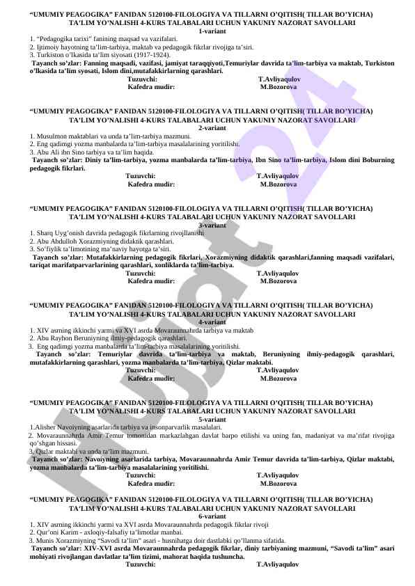 Umumiy pedagogika fanidan talabalar uchun nazorat savollari