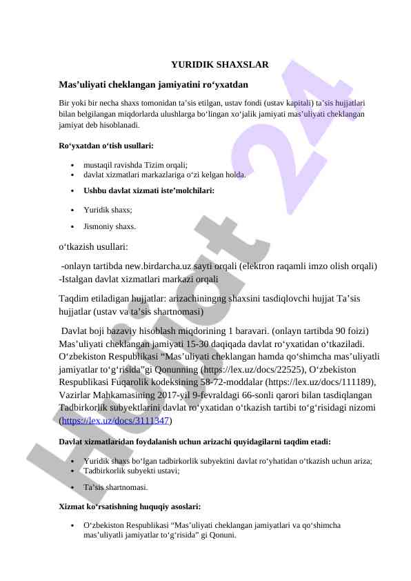Yuridik shaxslar uchin ro'yxatdan o'tish usullari