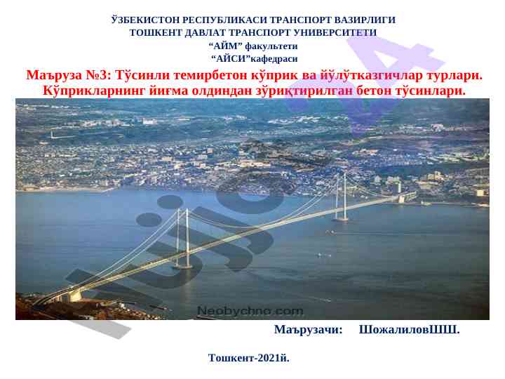 Tosinli temirbeton ko'priklar va yo'ltqazgichlar turlari