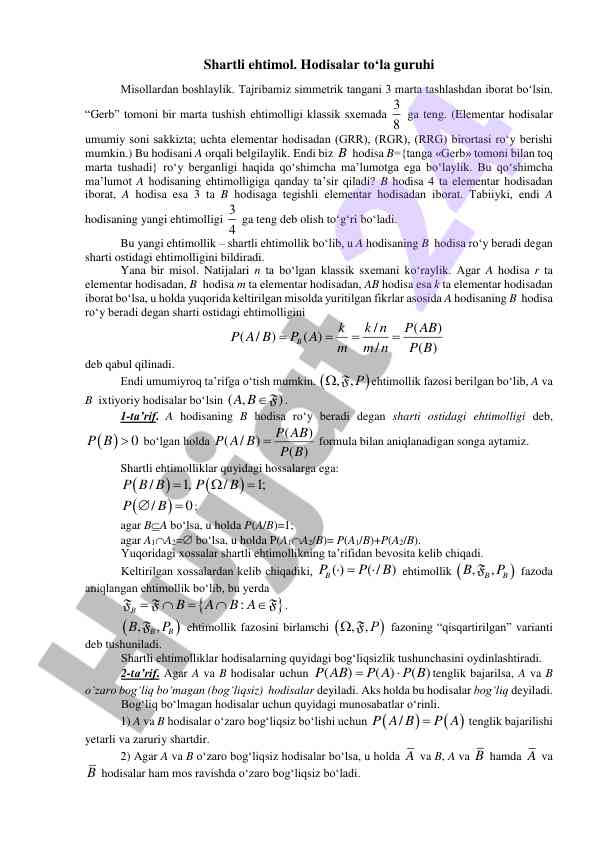 Shartli ehtimol va hodisalar o‘rtasidagi aloqa