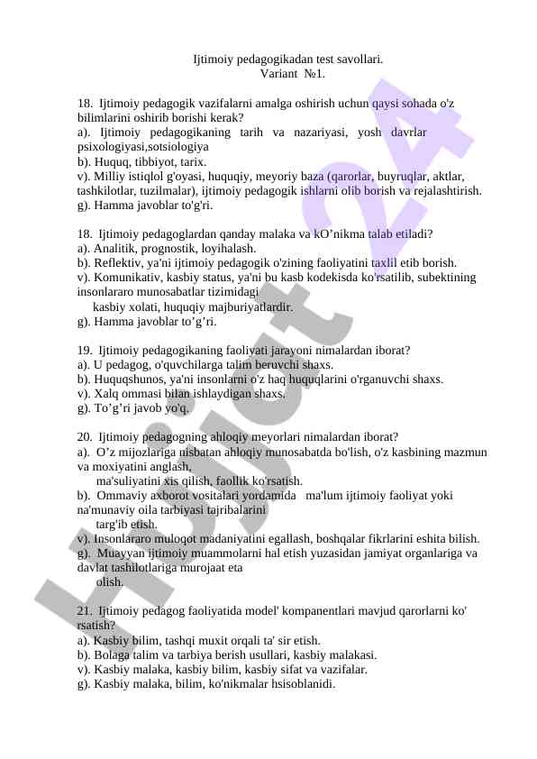Ijtimoiy pedagogika test savollari variant №1
