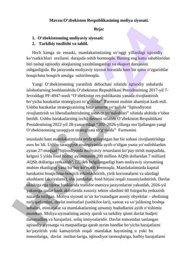 O‘zbekiston respublikasining moliya siyosati tahlili
