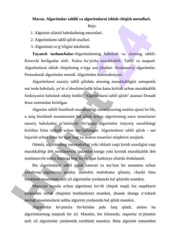 Algoritmlar tahlili va ishlab chiqish metodlari