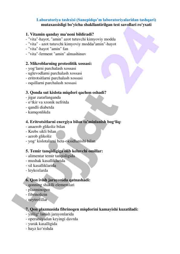Laboratoriya tashxisi uchun test savollari ro'yxati