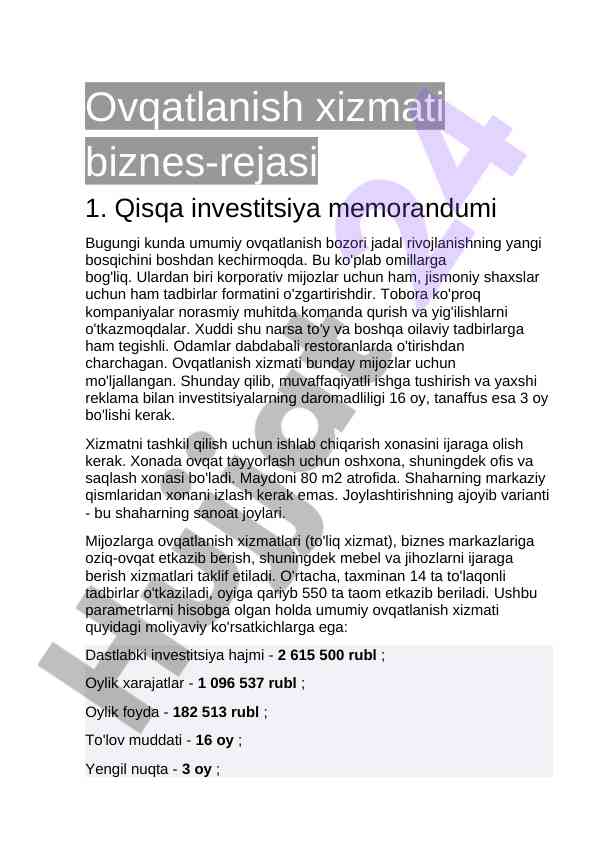 Ovqatlanish xizmati biznes-rejasi muvaffaqiyatli tashkilot