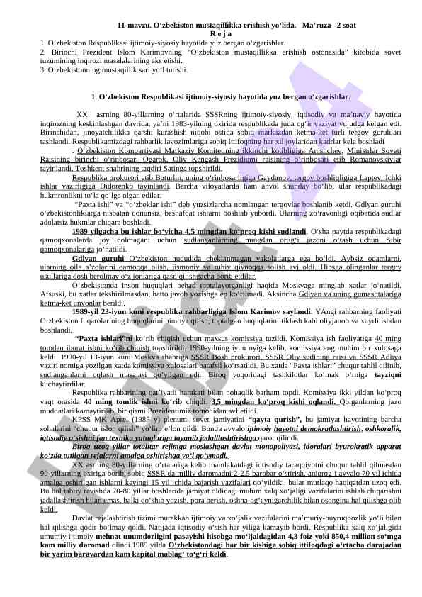 O‘zbekiston mustaqillikka erishish yo‘lida ma’ruza
