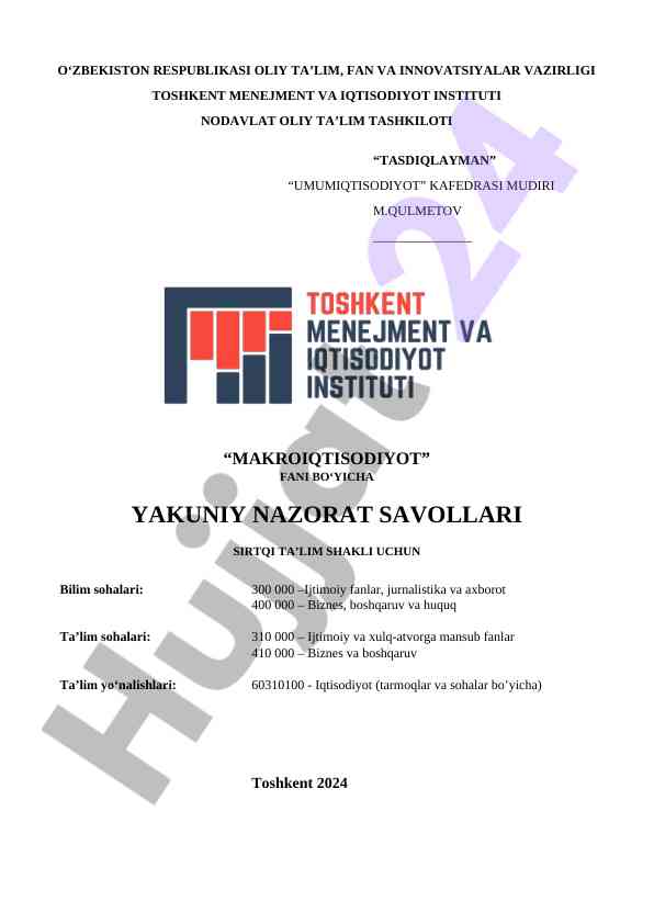 Makroiqtisodiyot fani bo'yicha yakuniy nazorat savollari